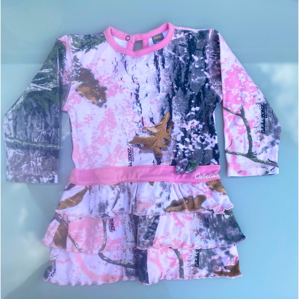Cabela’s Baby’s Dress Pink Black Camo Green Camouflage Pattern Size 12/18 months